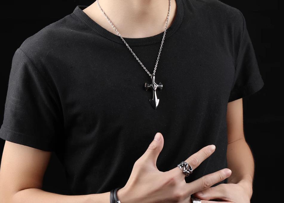 Rock Style Stainless Steel Cross Pendant With 50cm Link Chain / Alternative Jewelry