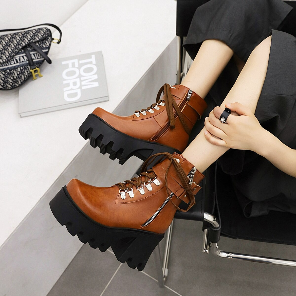 Rock Style Women Lacing Motorcycle Boots / Platform Boots on Heels