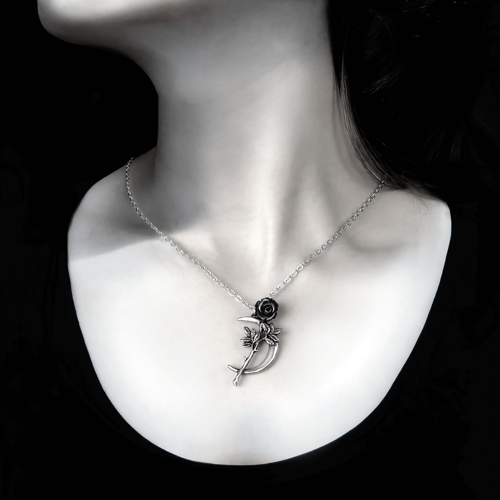 Romance Pendant with Black Rose and Crescent Moon