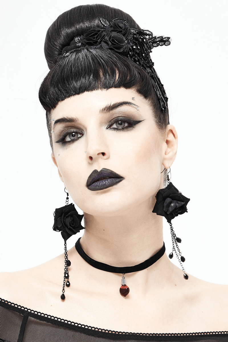 Rose and Chain Cluster Earrings in Gothic Style / Women Alternative Fashion Jewelry