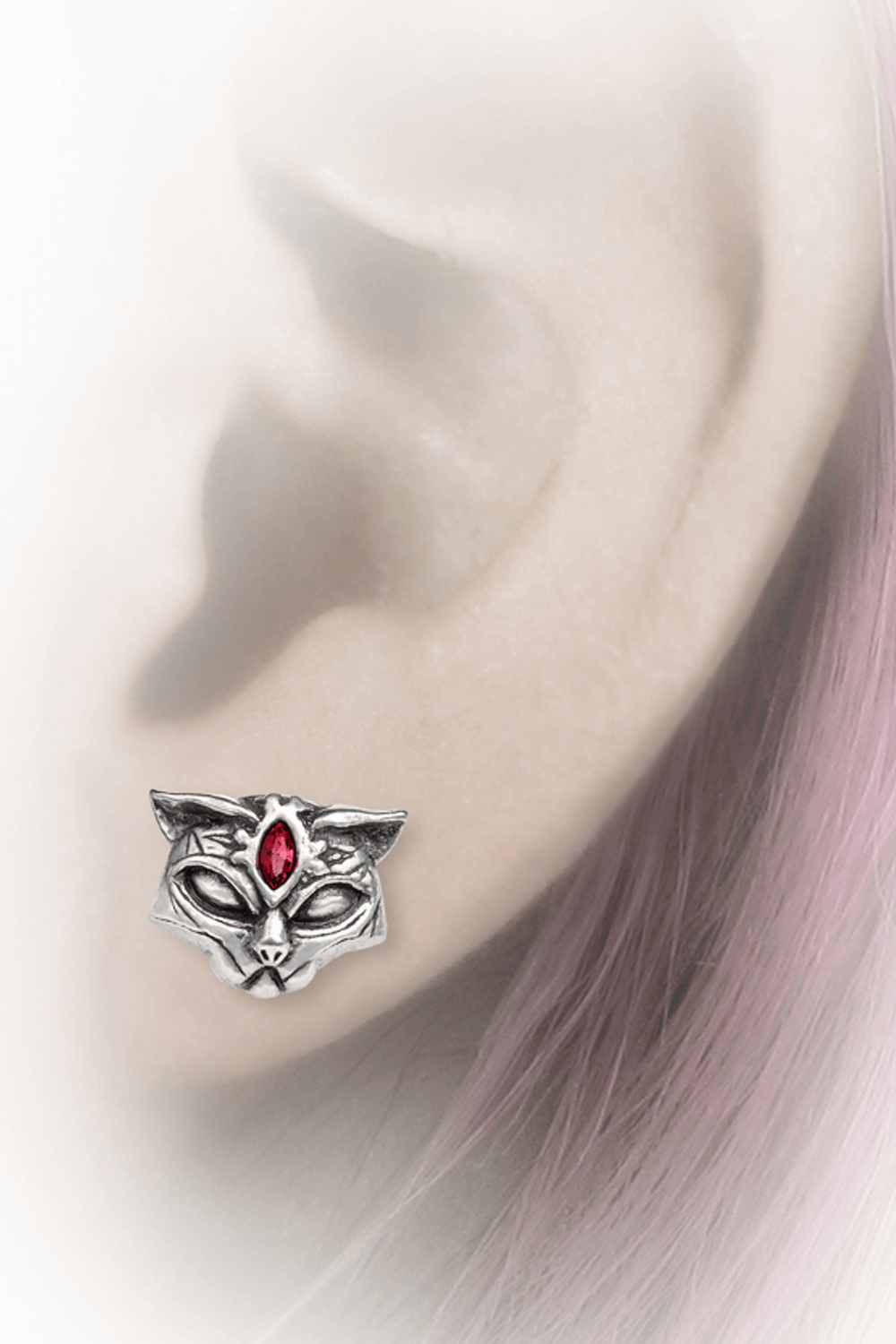 Sacred Cat Stud Earrings with Red Crystal Detail