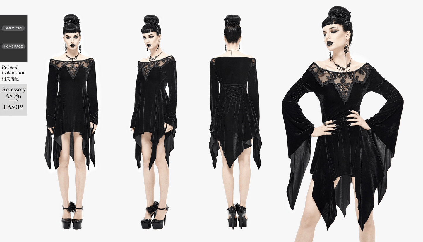 Sexy Asymmetrical Black Long Sleeve Dress / Women's Stylish Open Shoulder Dress in Gothic Style