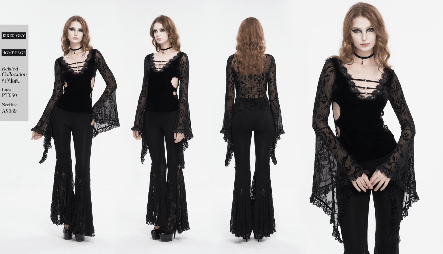 Sexy Deep V-Neck Lace Top With Flared Sleeves / Vintage Floral Pattern Tops