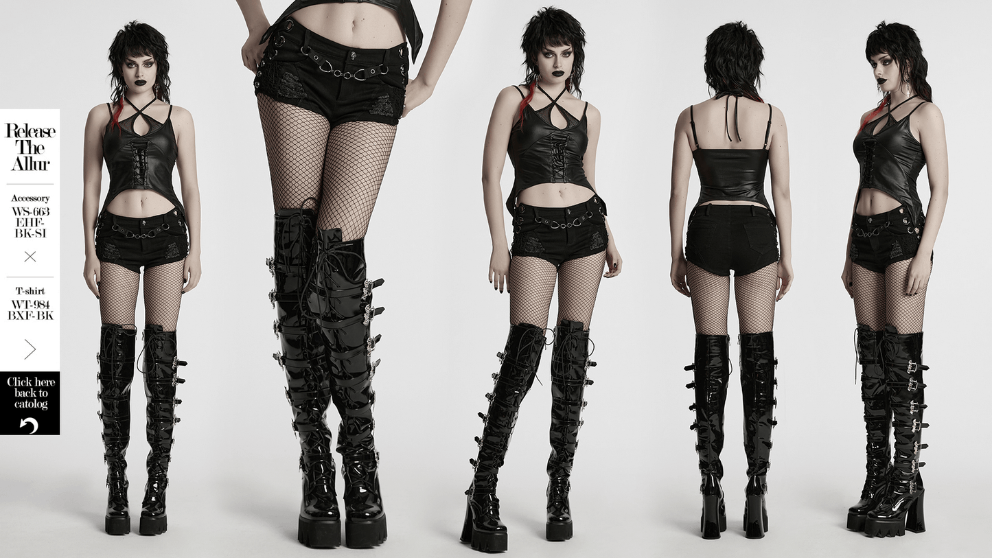 Sexy Denim Shorts with Detachable Chain and Metal Eyelets