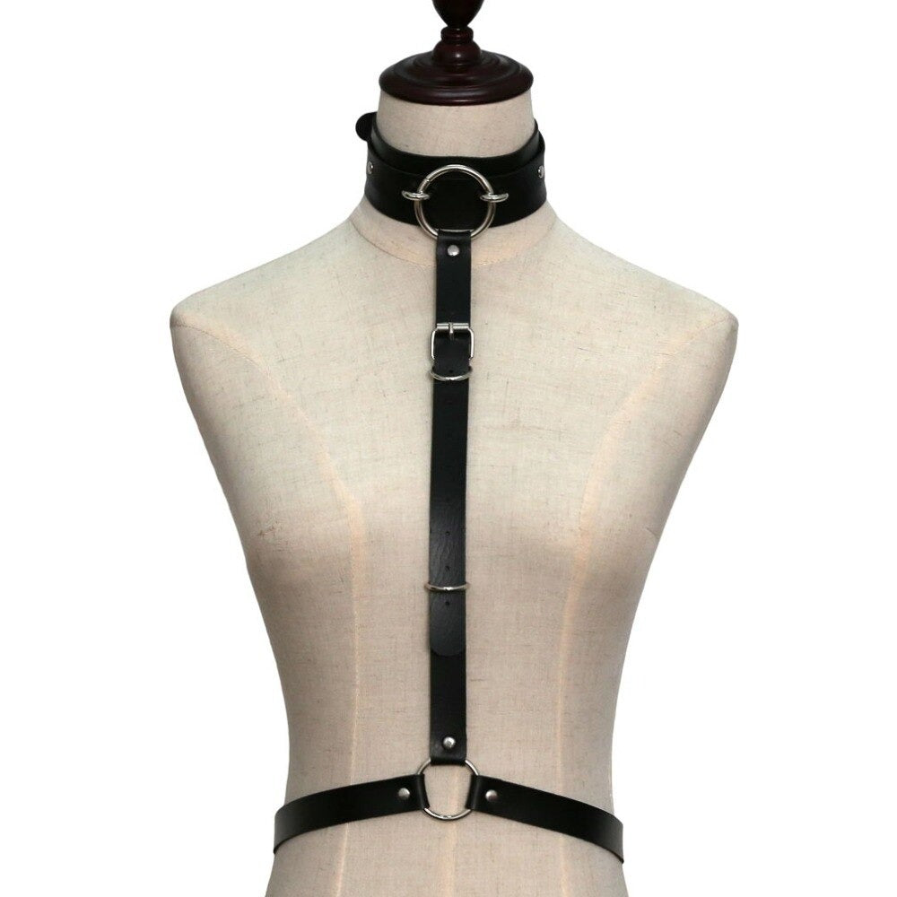 Sexy Harajuku PU Leather Body Harness / Choker Collar With Metal Ring / Cosplay Erotic Outfit