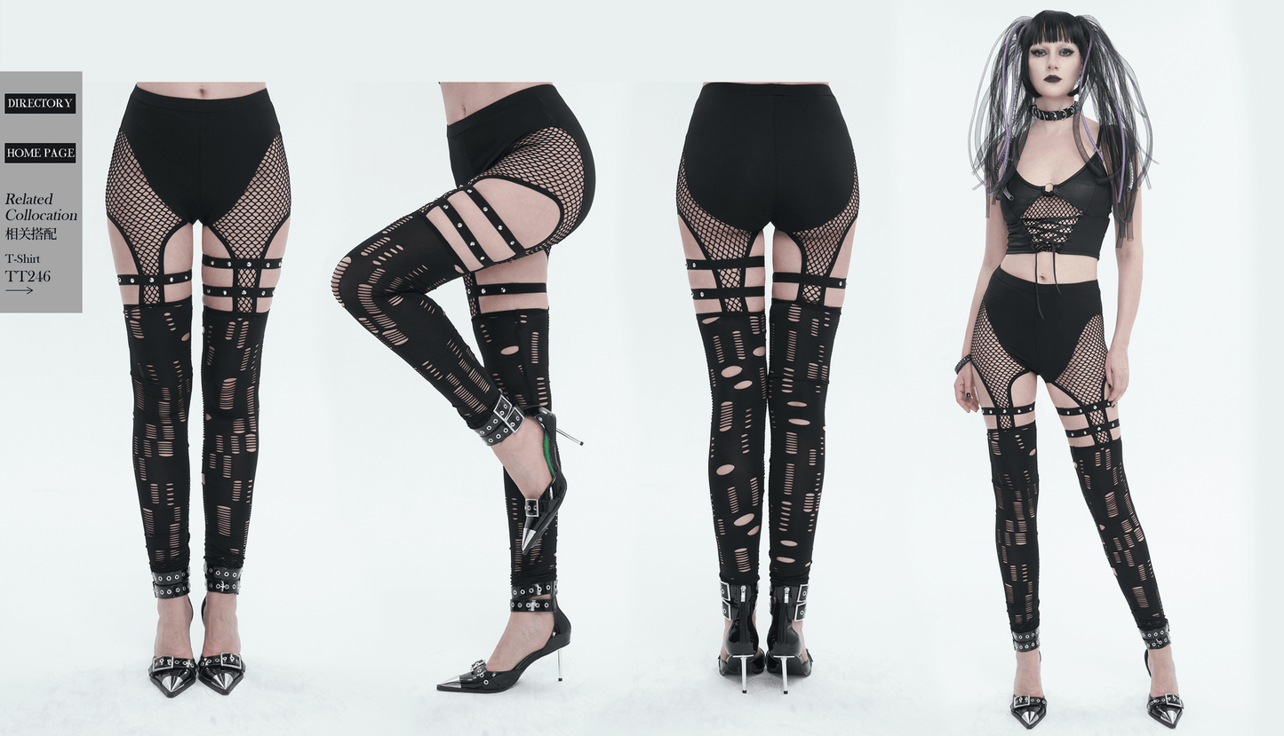 Sexy Hole Net Slim Leggings for Women / Elastic Leggings with Metal Studded Belt Accents on Thigh
