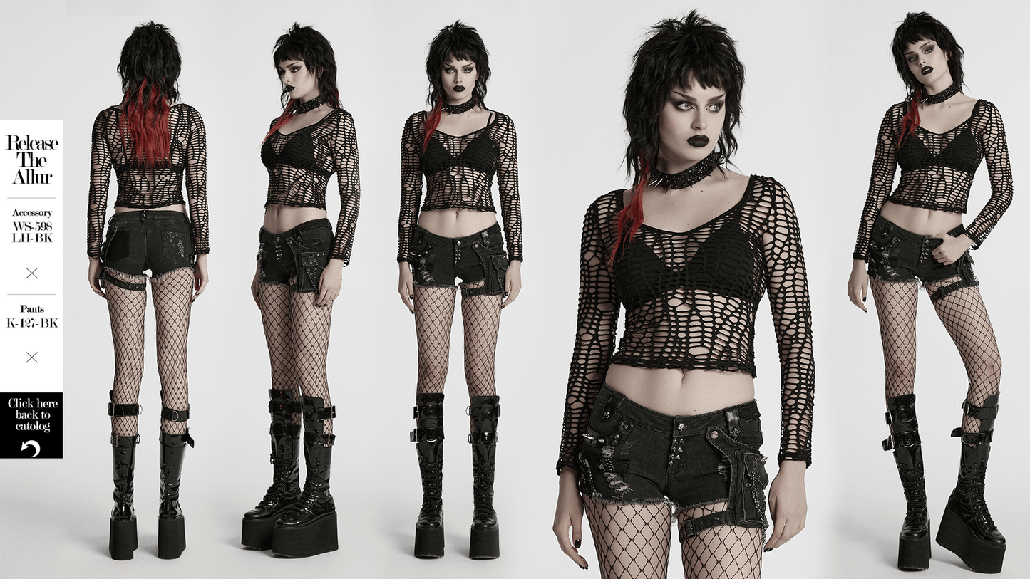 Sexy Punk Mesh Top with Deep-V Hollow Design
