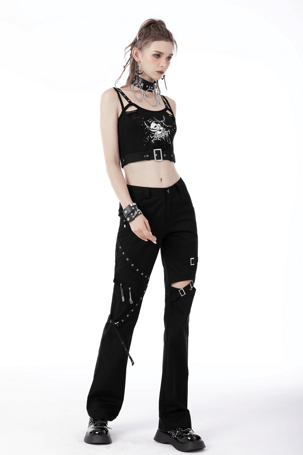 Sexy Skull Print Crop Top with Buckle for Women