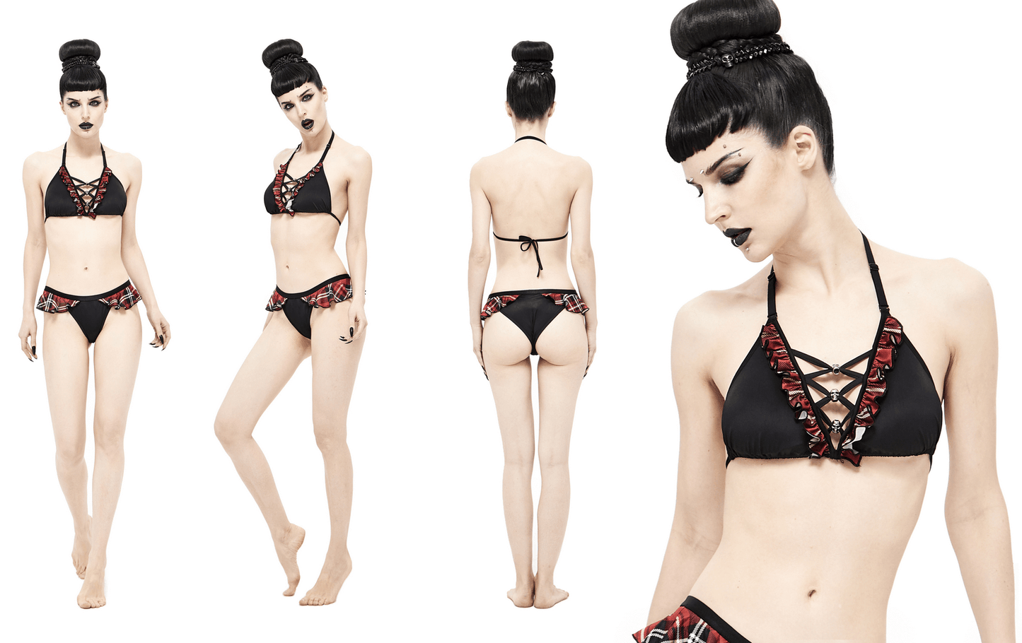 Sexy Women's Grunge Bikini Top / Female Black & Red Plaid Swimsuit Top With Skull Pendants
