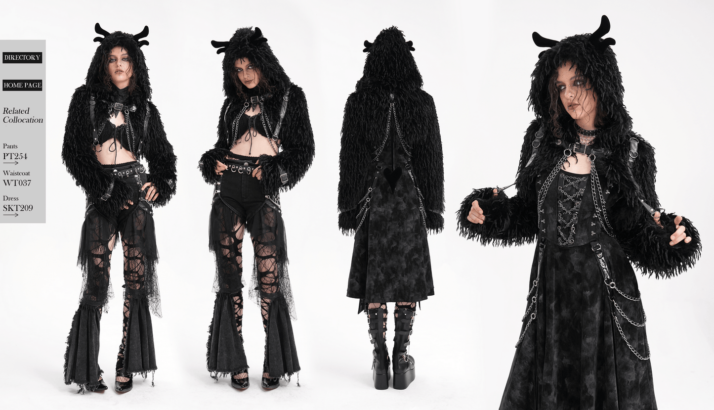 Shaggy Black Faux Fur Cape with Horns and Chains