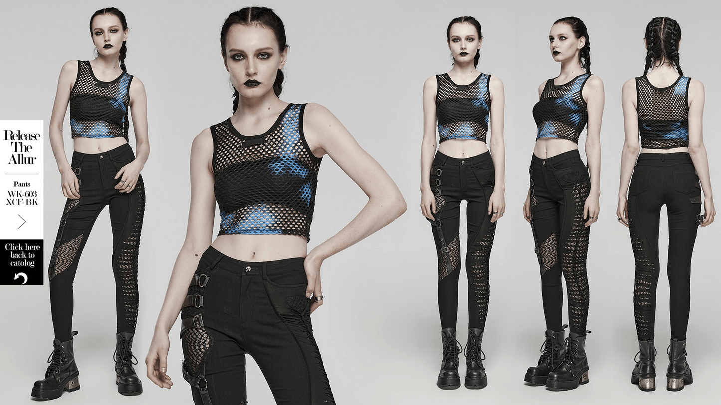 Shic Stylish Black-Blue Punk Tie Dye Mesh Tank Top