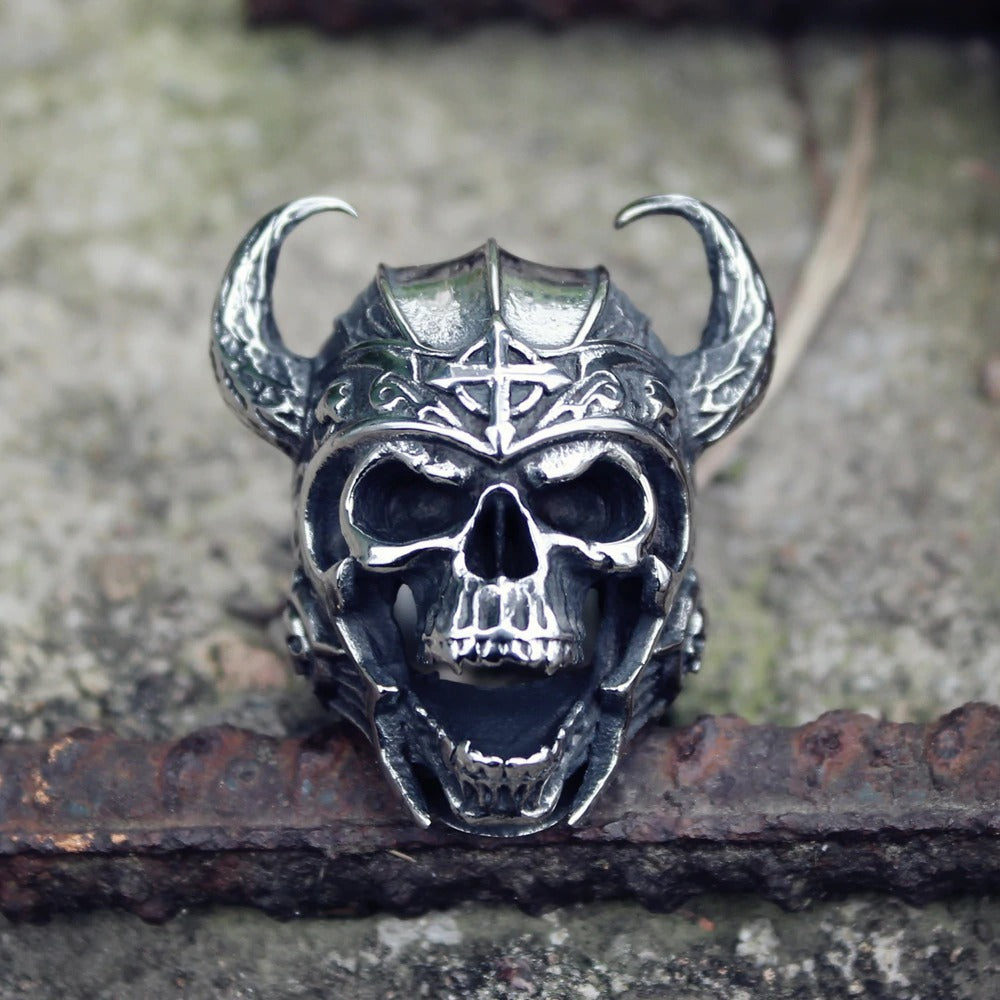 Silver Color 316L Stainless Steel Viking Warrior Skull Rings / Nordic God of War / Biker Jewelry