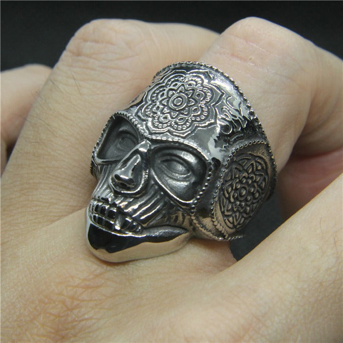 Silver Color Heavy Sugar Skull Ring / Mens Mandala Flower Biker Jewelry / Cool Rings