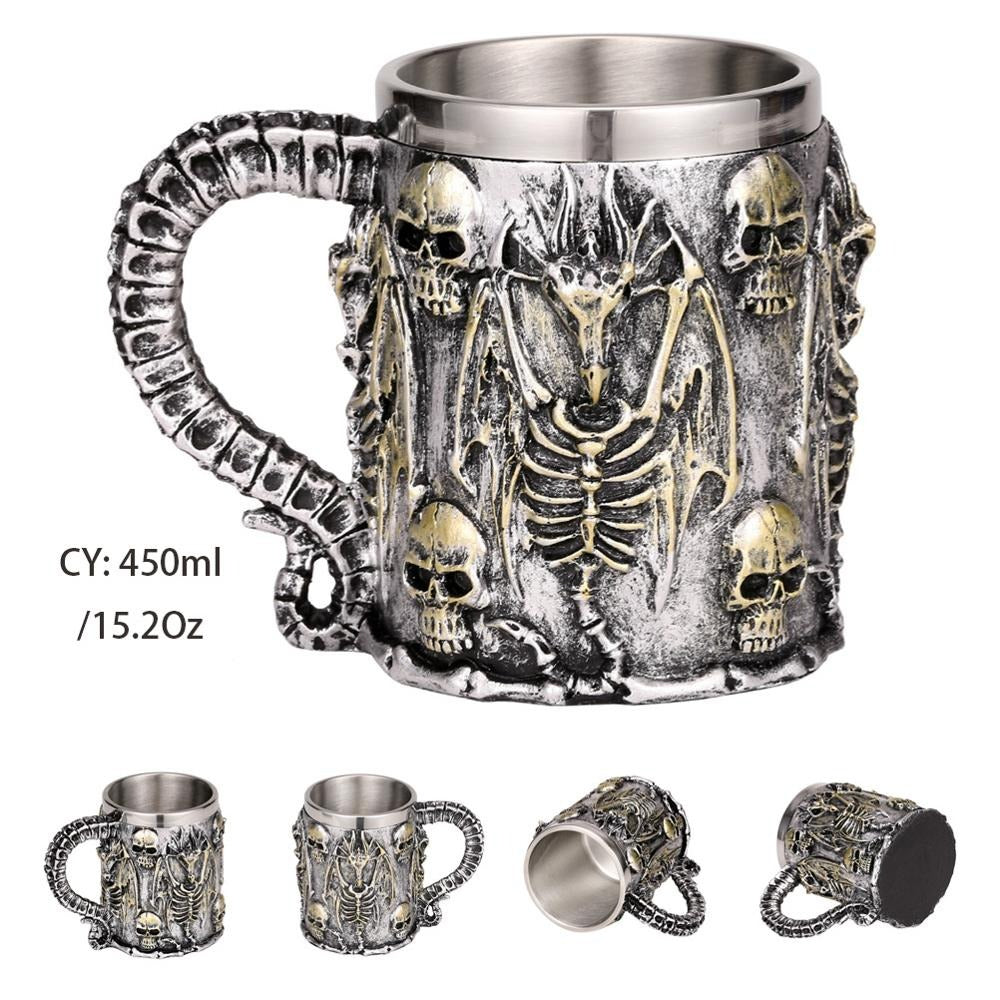 Silver Skull Dragon Resin and Stainless Steel Beer 450ml Mug / Retro Viking Pub Bar Mug