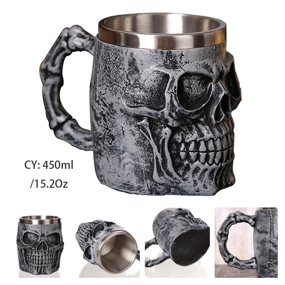 Silver Skull King Resin and Stainless Steel Beer 450ml Mug / Retro Viking Pub Bar Mug