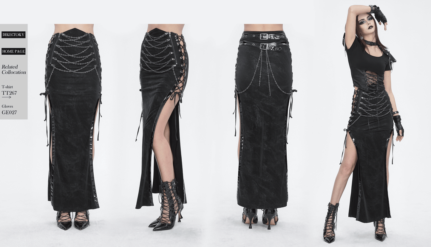Sleek Black Maxi Skirt with Sides Lacing Details
