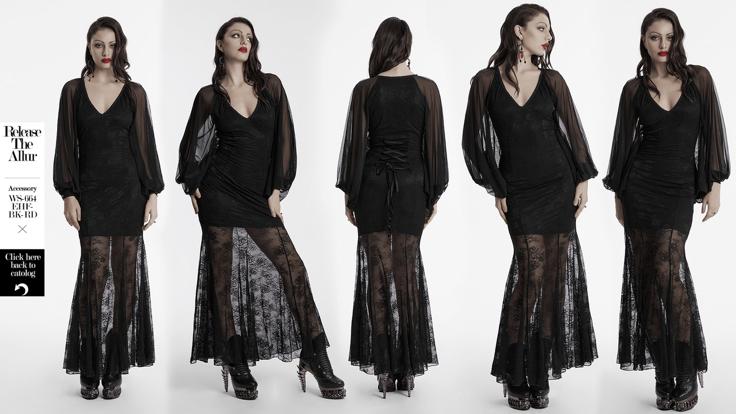 Sleek Lace Mermaid Dress with Bat Mesh Sleeves