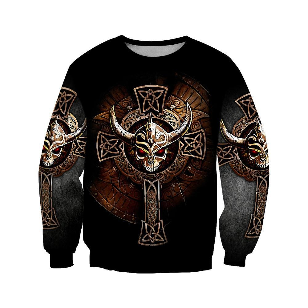 Spandex Men's Sweatshirt with Print Viking Skulls / Fashion Casual O-Neck Sweaters