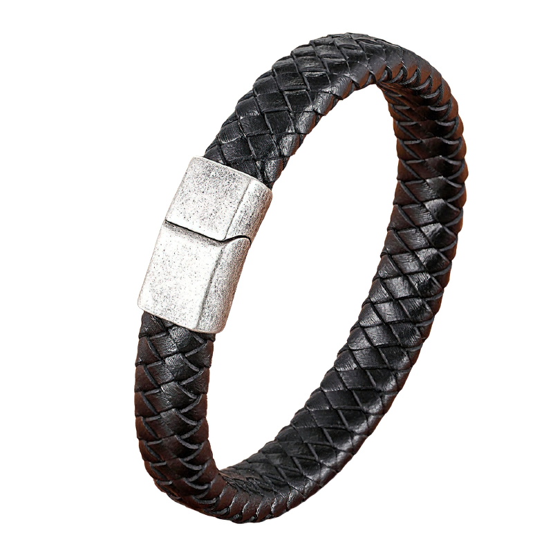 Stainless Steel Magnetic Clasp Bracelet for Men / Classic Genuine Leather Bracelet