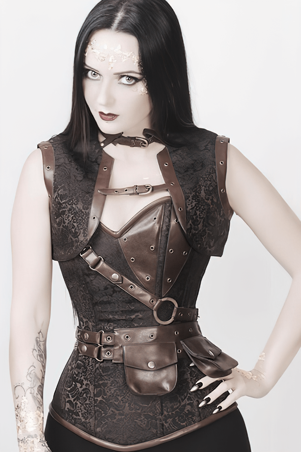 Steampunk Brown Brocade Overbust Corset With Side Zipper
