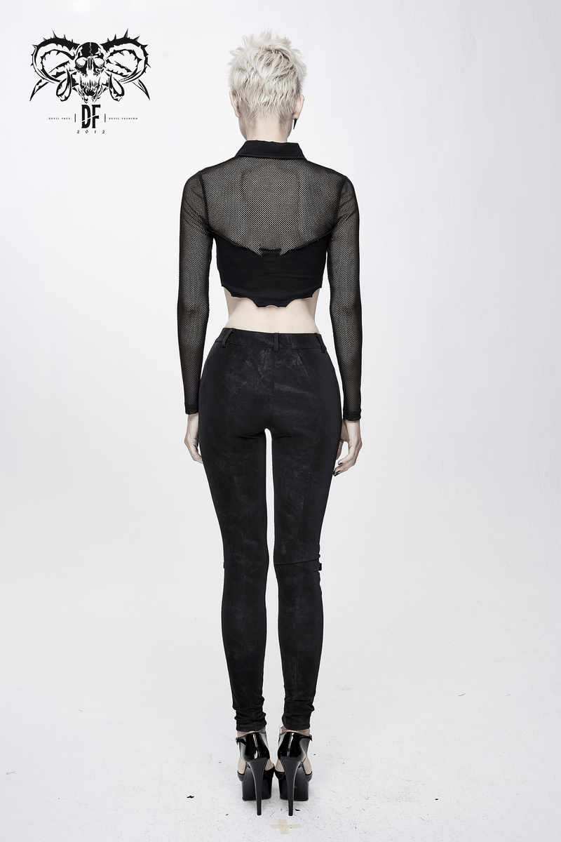 Punk Gothic Black Mesh Crop Top with Buckle & Collar