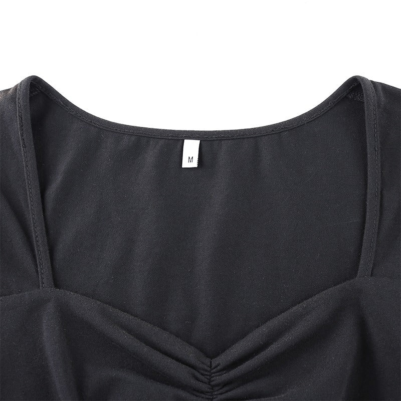 Square Neck Elegant Black Dress / Side Split Short Sleeves Casual Dress / Female Gothic Dresses