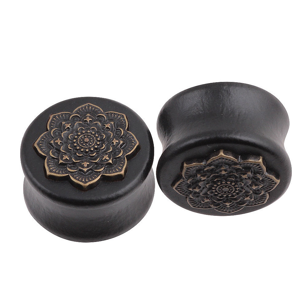 1 PC Bamboo Wood Ear Plugs Jewelry Gauges / Flesh Tunnel Expander with Mandala