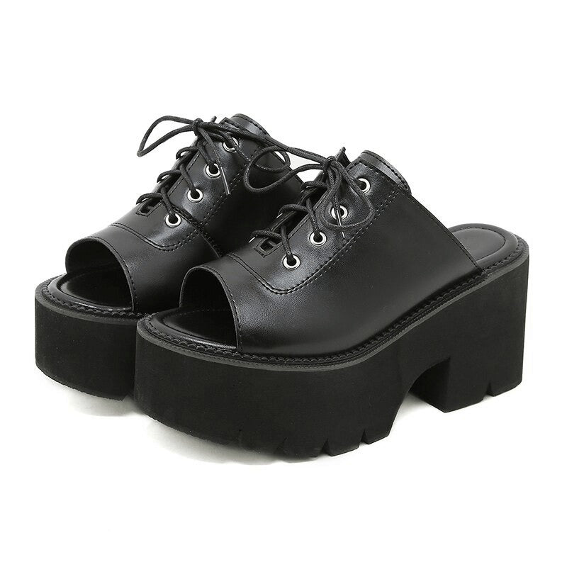 Open Toe Mules Sandals for Women / Leather Platform Black Shoes / Female Lace Up Shoes