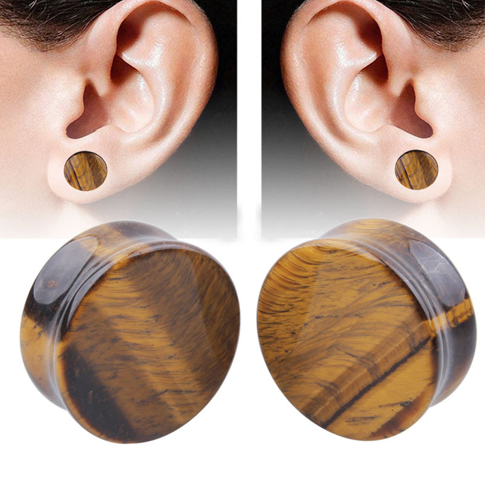 1PC Stone Ear Plugs / Gauges Earrings Flesh Tunnel Piercing / Yellow Tigerite Expander Body Jewelry