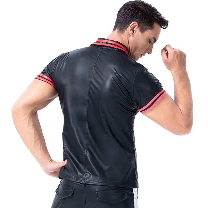 Men's Polo T-shirt with Buttons / Summer Tops with PU Leather Short Sleeve