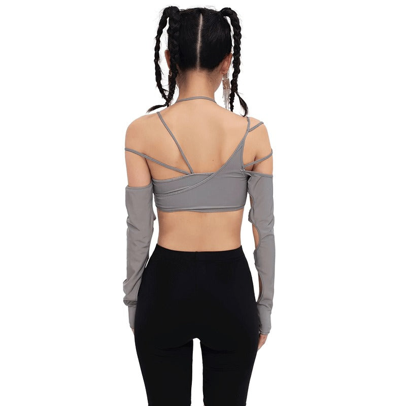 Sexy Cut Out Long Sleeves Crop Top / Women's Asymmetrical Short Tops in Alternative Style