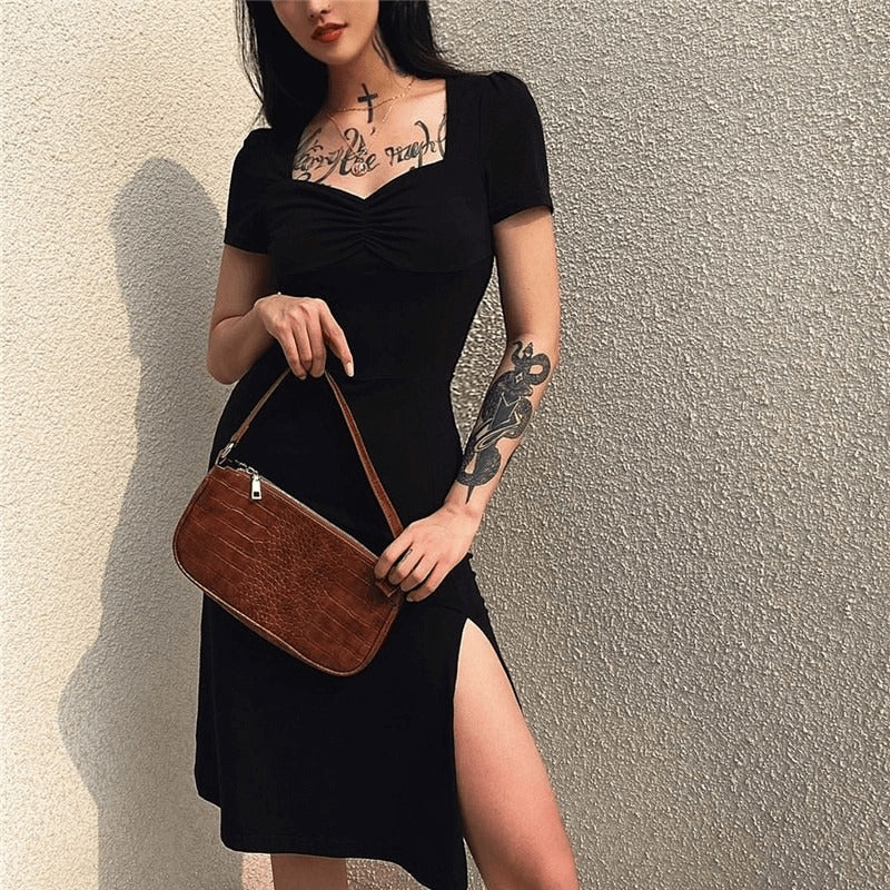 Square Neck Elegant Black Dress / Side Split Short Sleeves Casual Dress / Female Gothic Dresses