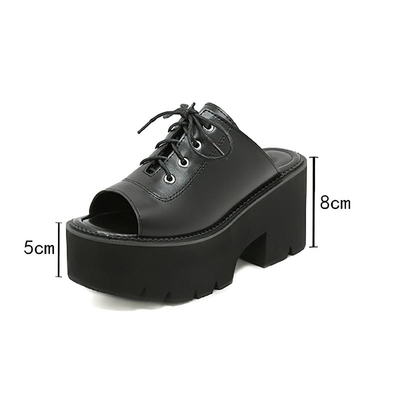 Open Toe Mules Sandals for Women / Leather Platform Black Shoes / Female Lace Up Shoes