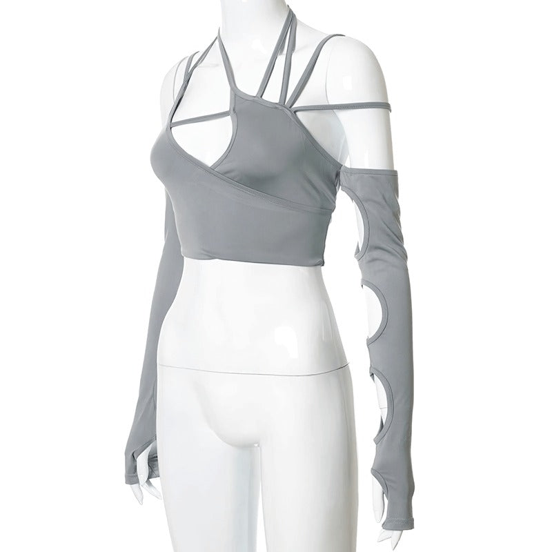 Sexy Cut Out Long Sleeves Crop Top / Women's Asymmetrical Short Tops in Alternative Style
