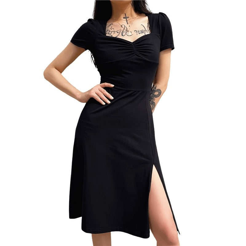 Square Neck Elegant Black Dress / Side Split Short Sleeves Casual Dress / Female Gothic Dresses