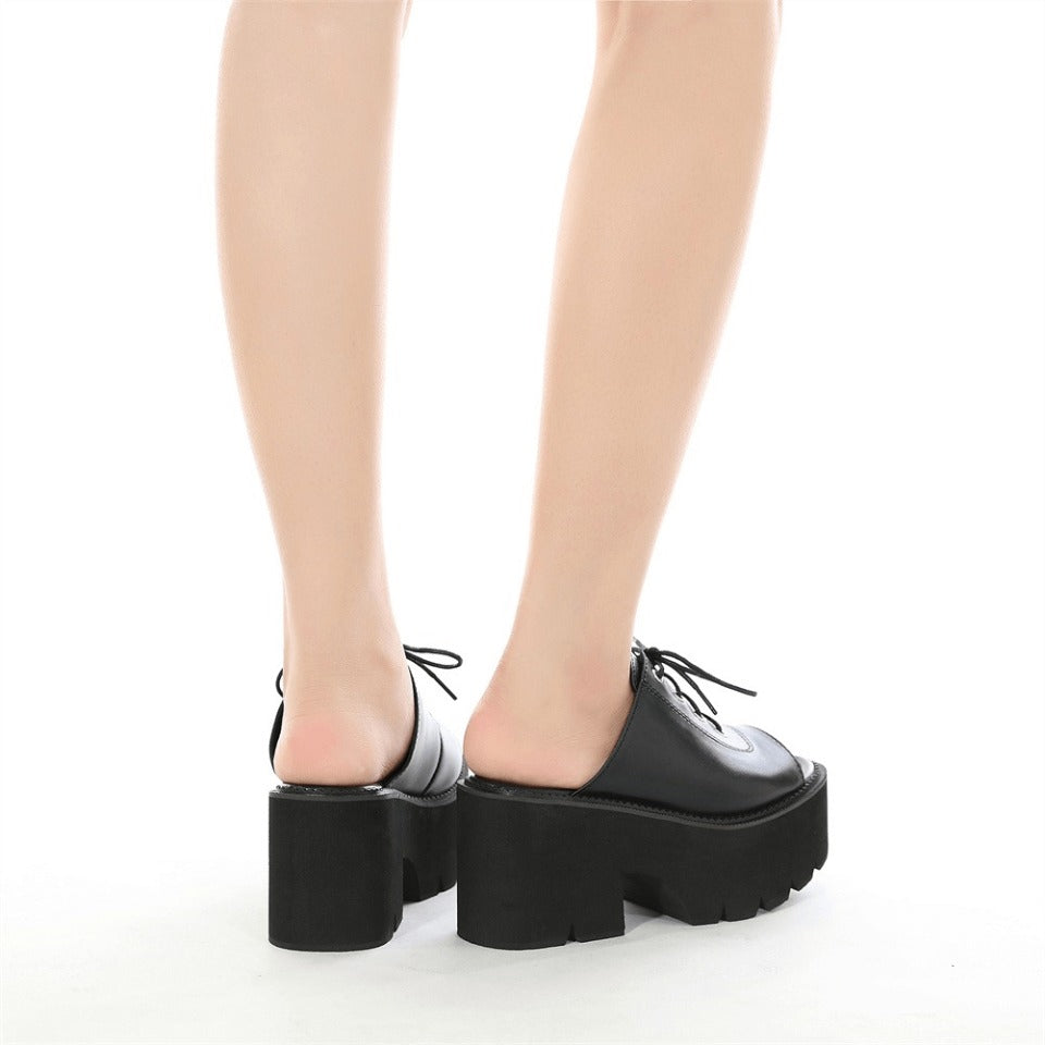 Open Toe Mules Sandals for Women / Leather Platform Black Shoes / Female Lace Up Shoes