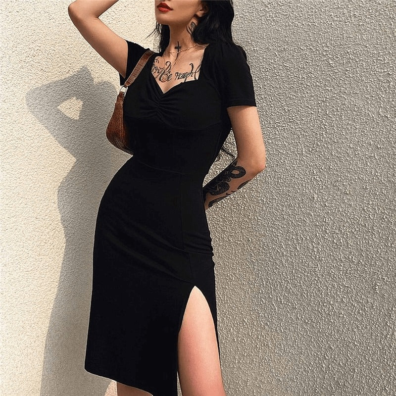 Square Neck Elegant Black Dress / Side Split Short Sleeves Casual Dress / Female Gothic Dresses