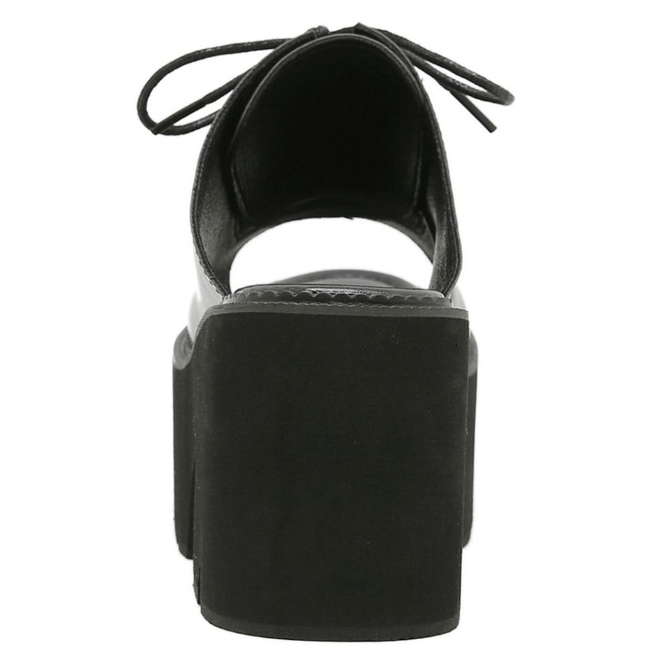 Open Toe Mules Sandals for Women / Leather Platform Black Shoes / Female Lace Up Shoes