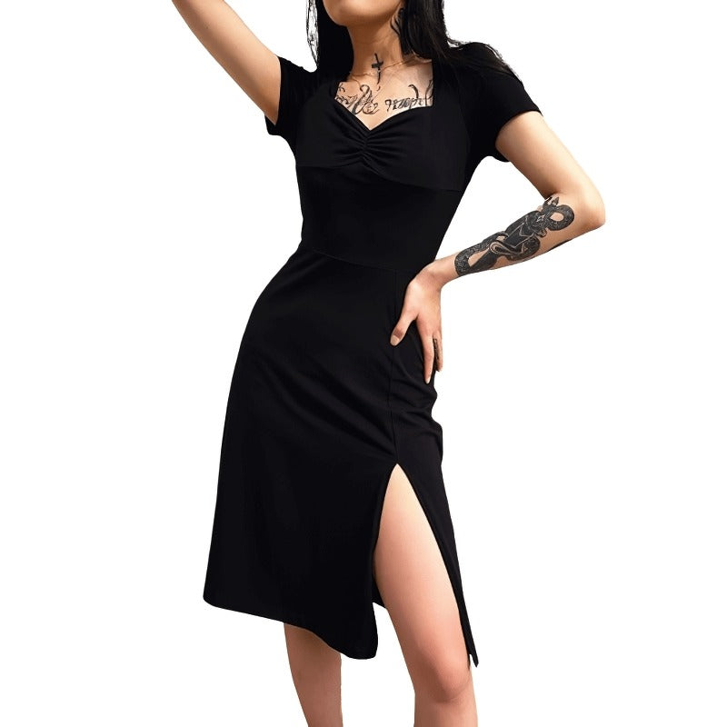Square Neck Elegant Black Dress / Side Split Short Sleeves Casual Dress / Female Gothic Dresses
