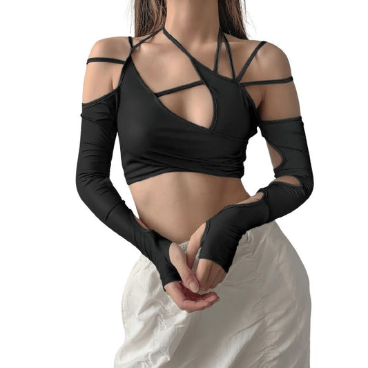 Sexy Cut Out Long Sleeves Crop Top / Women's Asymmetrical Short Tops in Alternative Style