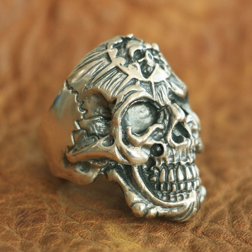 925 Sterling Silver Devil Skull Ring / Vintage Rock Style Skull Ring / Biker Jewelry