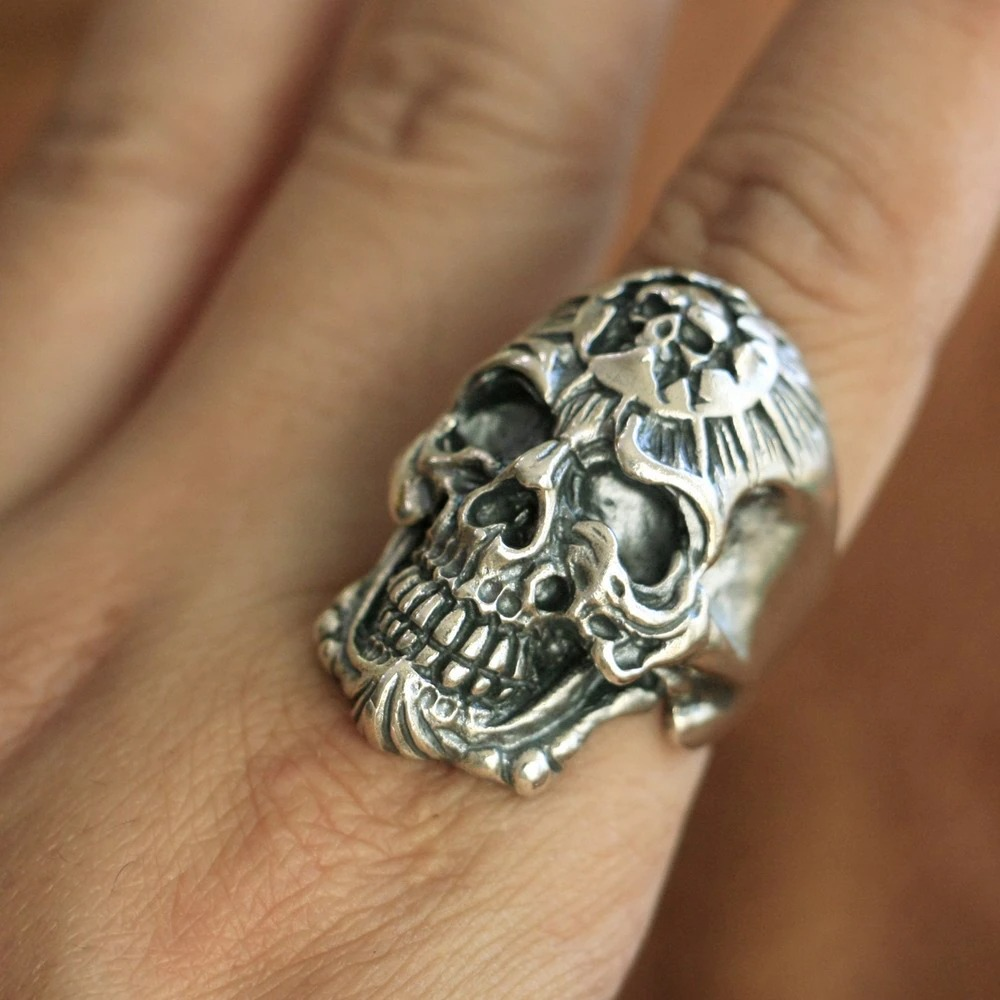 925 Sterling Silver Devil Skull Ring / Vintage Rock Style Skull Ring / Biker Jewelry