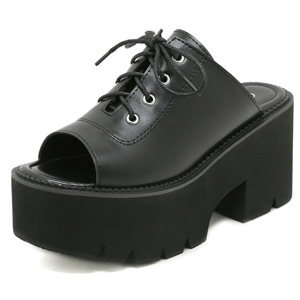Open Toe Mules Sandals for Women / Leather Platform Black Shoes / Female Lace Up Shoes