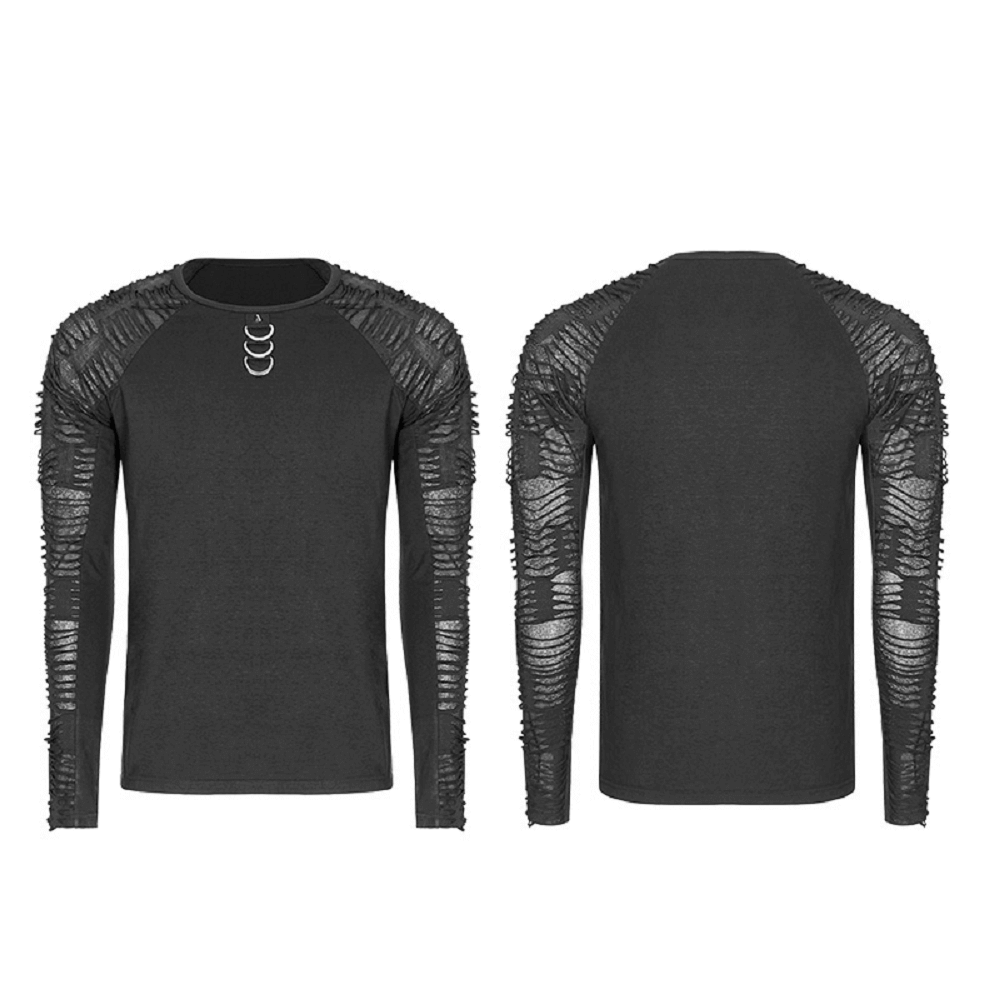 Black Sweatshirt with Ripped Knit Details on the Sleeves for Men