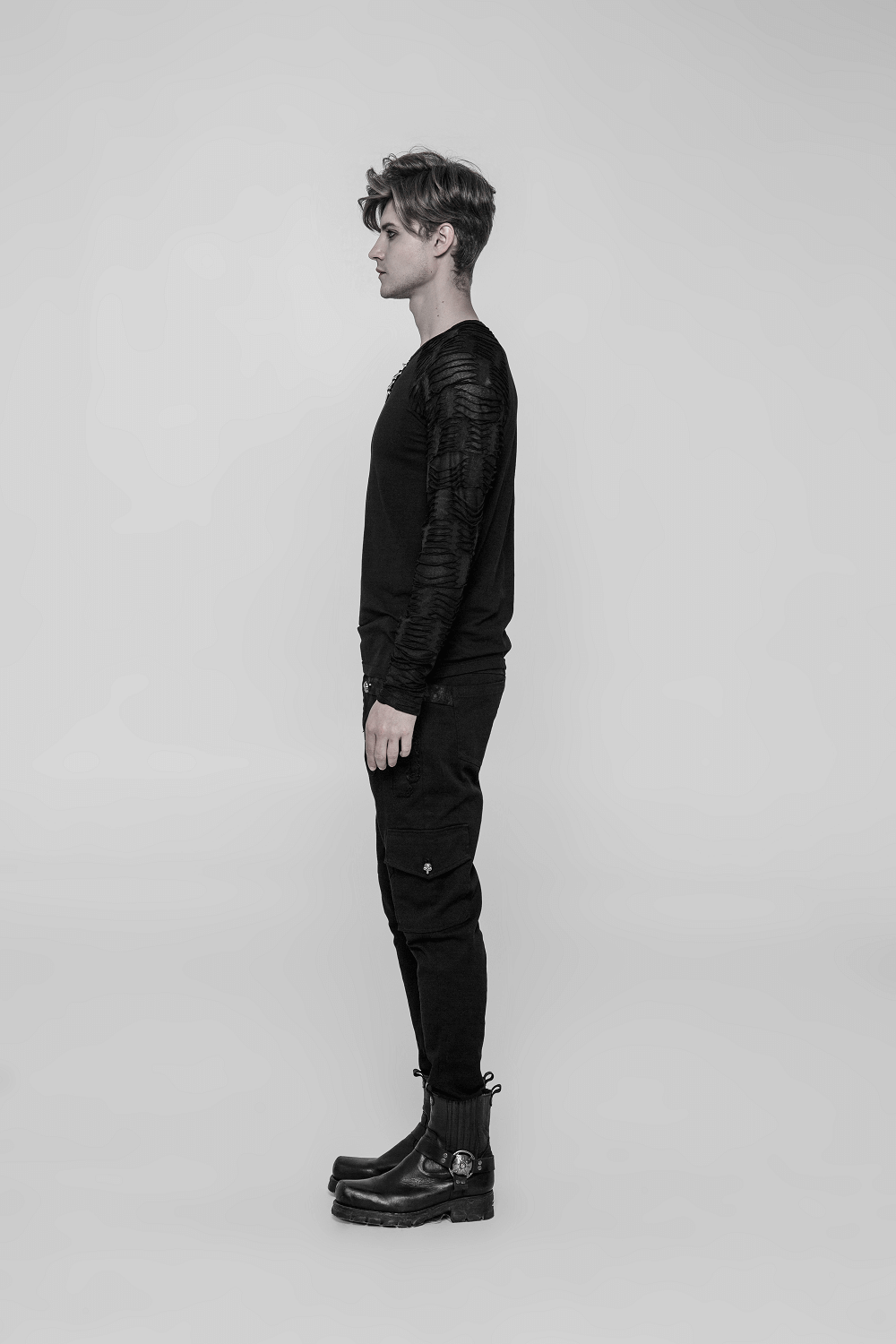 Black Sweatshirt with Ripped Knit Details on the Sleeves for Men