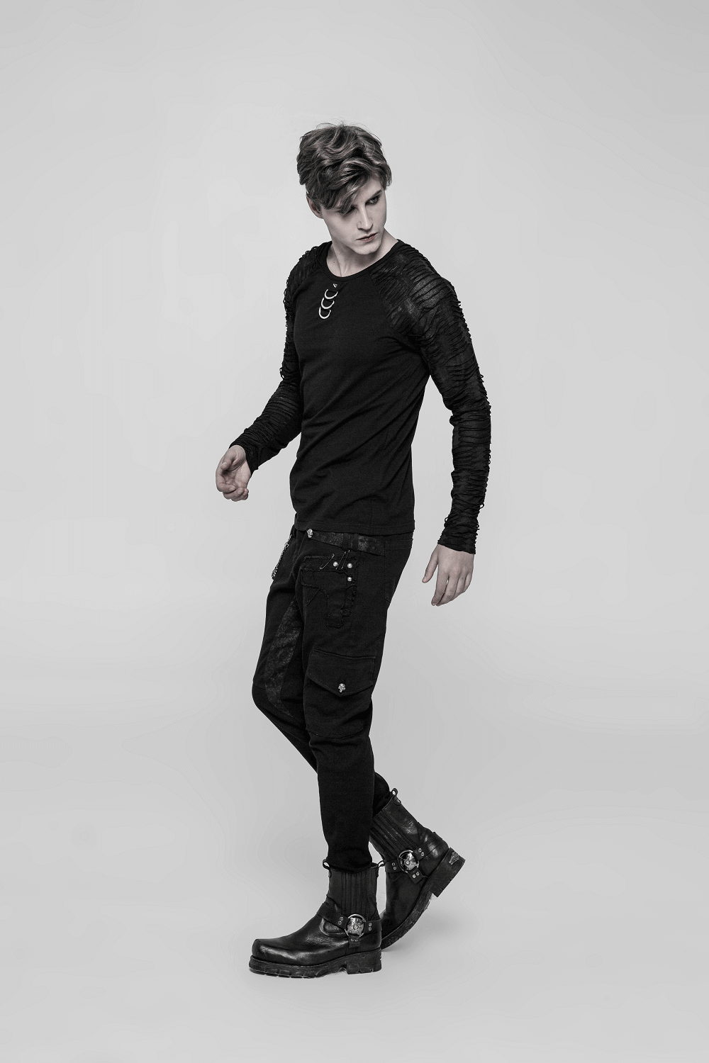 Black Sweatshirt with Ripped Knit Details on the Sleeves for Men