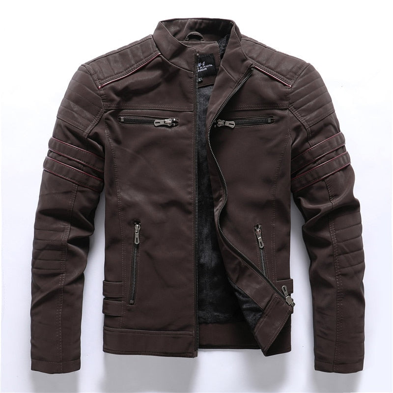 Stand Collar PU Leather Motorcycle Jacket / Men's Zipper Clothing with Multi-Pockets