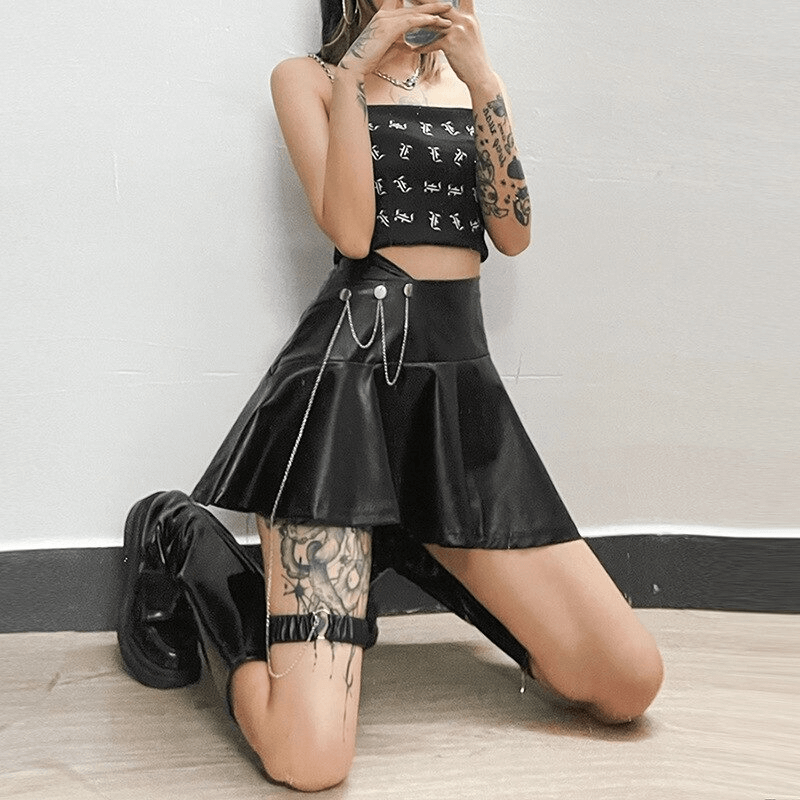 A-line Faux Leather Mini Skirt with Leg Garter on Metal Chain / Women's Punk Rock Black Clothing