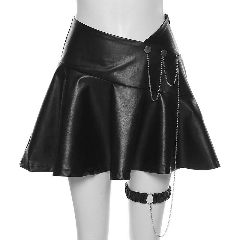 A-line Faux Leather Mini Skirt with Leg Garter on Metal Chain / Women's Punk Rock Black Clothing