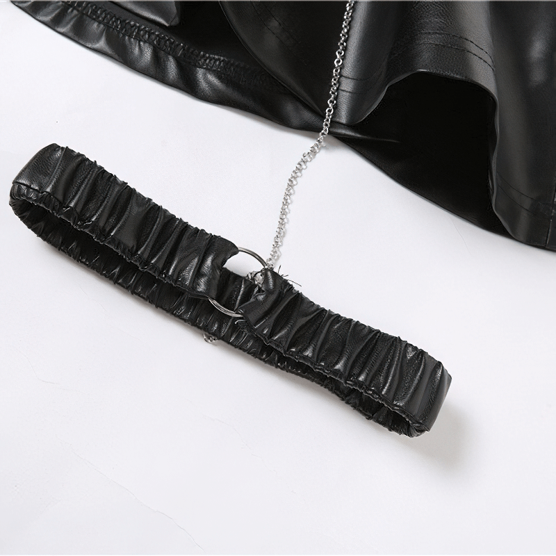 A-line Faux Leather Mini Skirt with Leg Garter on Metal Chain / Women's Punk Rock Black Clothing